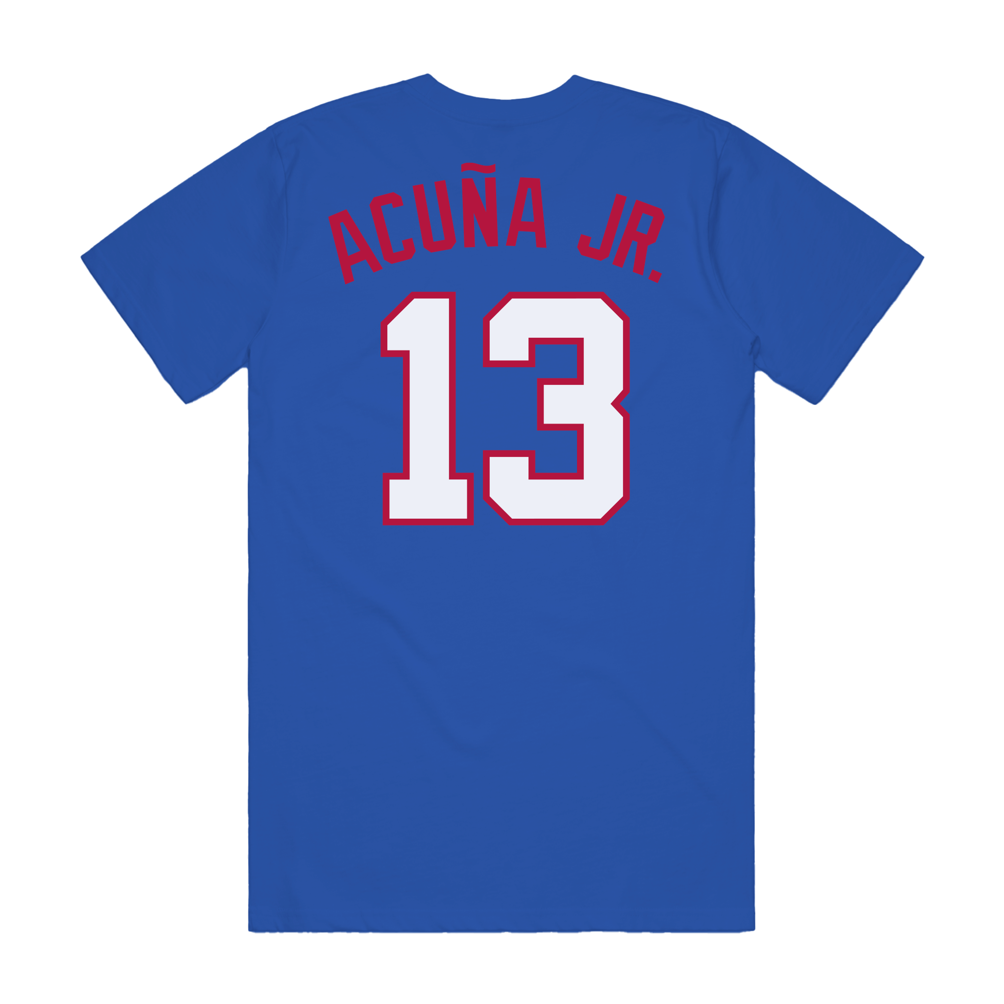 Back image of the Blue Crew Neck Tee Shirt with Short Sleeves Featuring "Acuña Jr. 13" printed in red and white