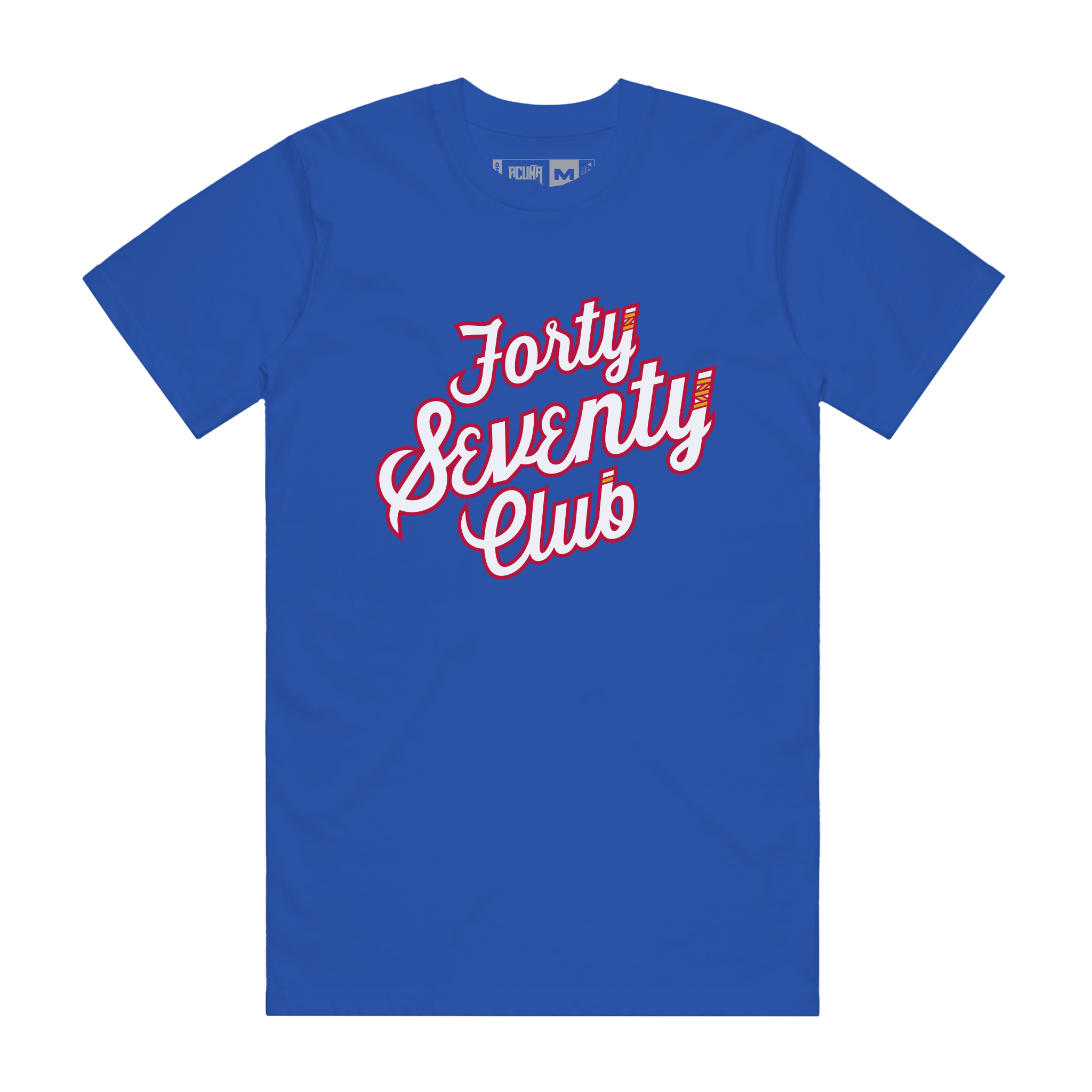Front image of the Blue Crew Neck Tee Shirt with Short Sleeves featuring 'Forty Seventy Club' printed in white with red borders