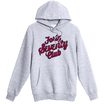 Front image of the Unisex Grey Hoodie with Kangaroo Pocket and Drawstring Hood featuring 'Forty Seventy Club' printed in red