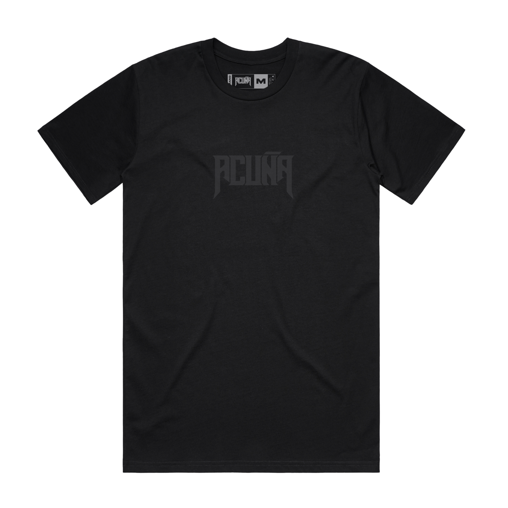 Front image of the Black Crew Neck Tee Shirt with Short Sleeves Featuring "Acuña" printed in black