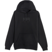 Front image of the Unisex Black Hoodie with Kangaroo Pocket and Drawstring Hood featuring Acuña' logo printed in black