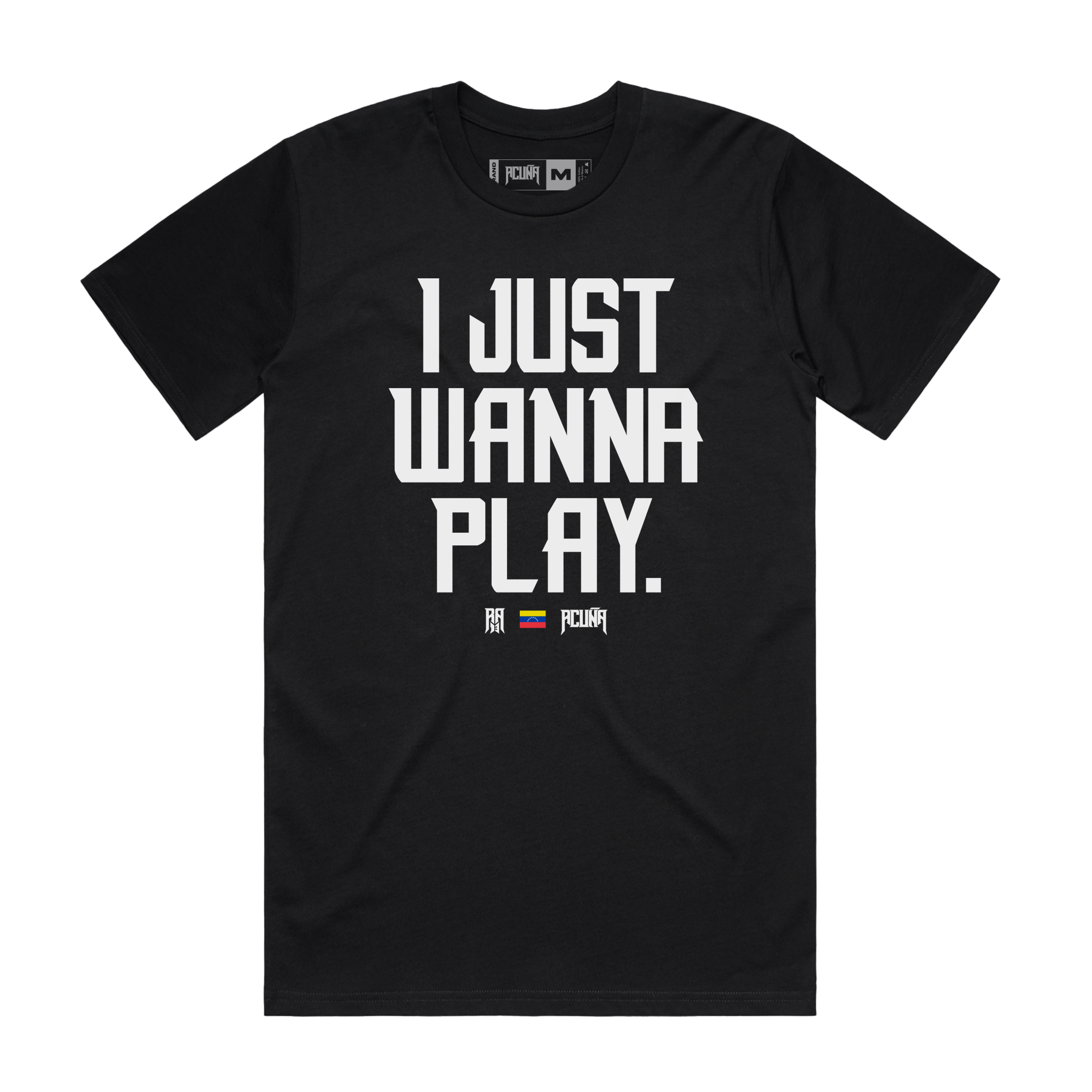 Front Image of the Black Crew Neck Short Sleeves Tee deaturing " I just Wanna play", RA13 and Acuña logos printed in white and the Flag of Venezuela