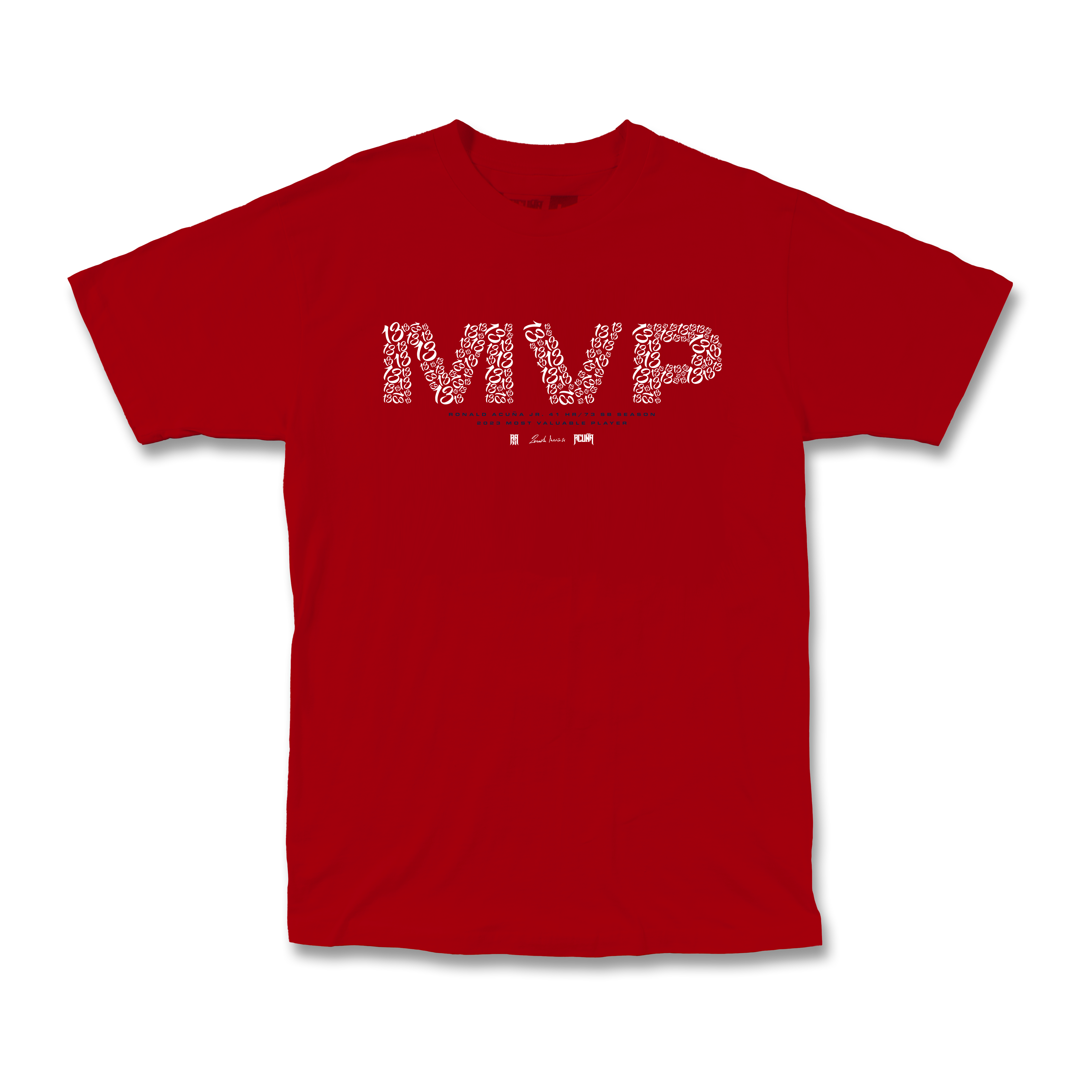 Front image of the Red crew neck shirt with short sleeves featuring MVP design printed in white