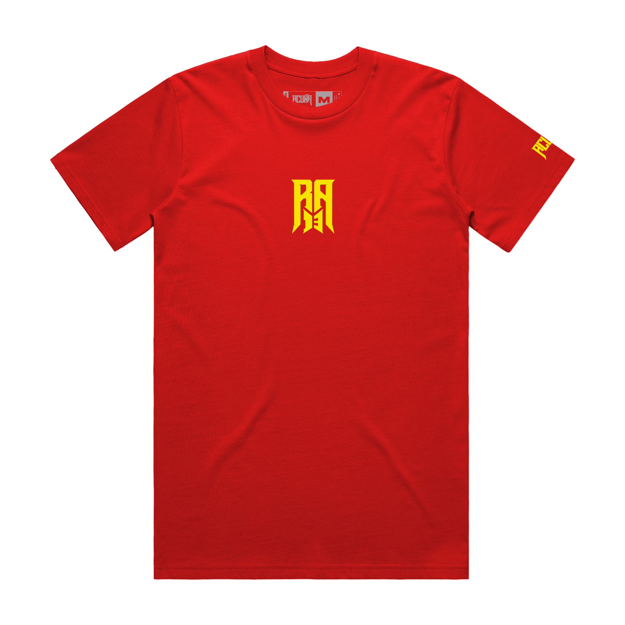 Front image of the Red Crew Neck Tee Shirt with Short Sleeves Featuring "RA13" logo printed in yellow and the acuña logo printed in yellow in the right sleeve